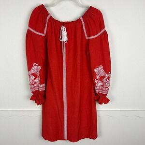 Maje Rust Orange White Boho Embroidered Puff Sleeve Mini Dress M